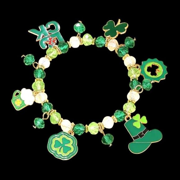 St Patricks Day Charm Bracelet Stretch Shamrocks Luck Leprechaun Hat Bee… - Picture 2 of 12